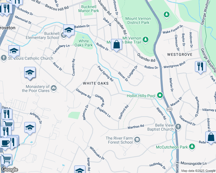map of restaurants, bars, coffee shops, grocery stores, and more near 7209 Beechwood Road in Alexandria