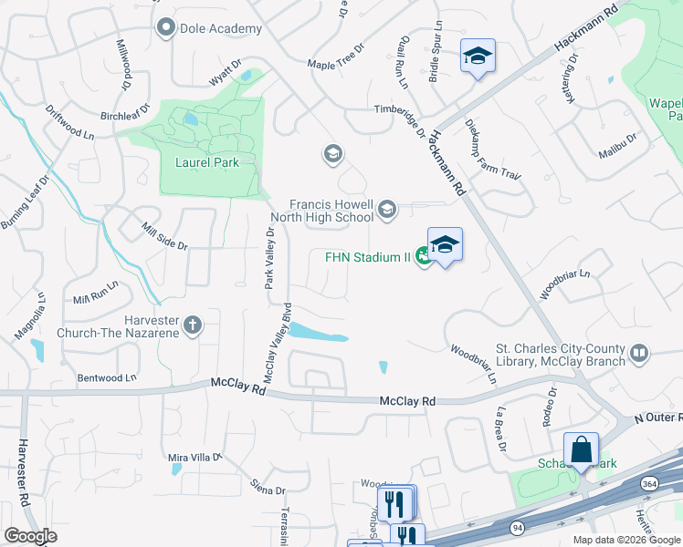 map of restaurants, bars, coffee shops, grocery stores, and more near 3033 Valley Vista Drive North in St. Peters