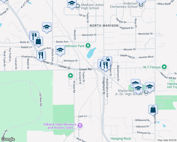 map of restaurants, bars, coffee shops, grocery stores, and more near 607 Green Road in Madison
