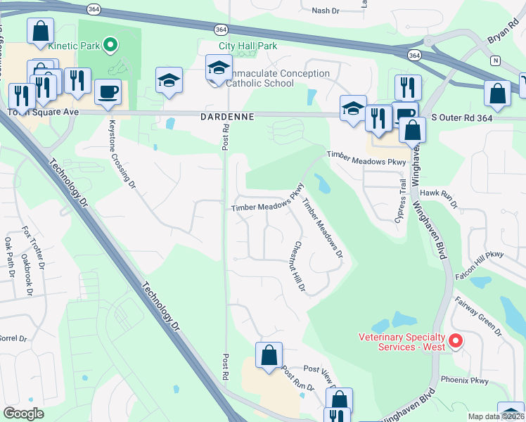 map of restaurants, bars, coffee shops, grocery stores, and more near 301 Copper Tree Court in O'Fallon