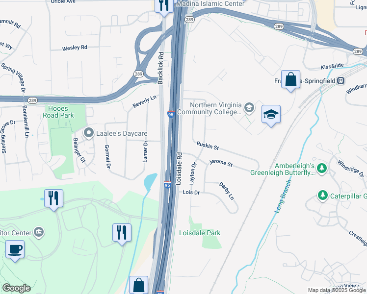 map of restaurants, bars, coffee shops, grocery stores, and more near 7207 Loisdale Road in Springfield