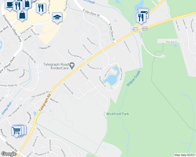 map of restaurants, bars, coffee shops, grocery stores, and more near 7241 Devereux Court in Alexandria