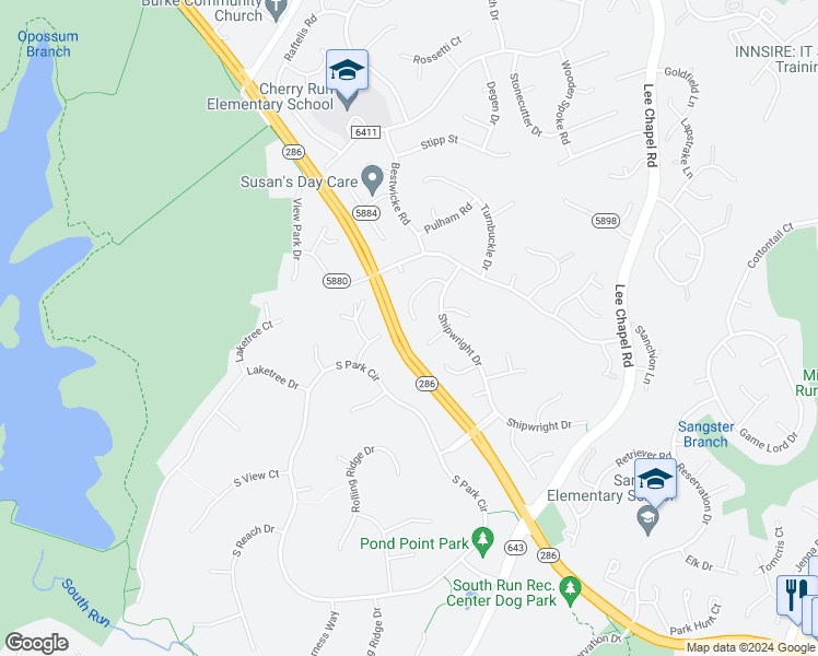 map of restaurants, bars, coffee shops, grocery stores, and more near 7324 Outhaul Lane in Burke