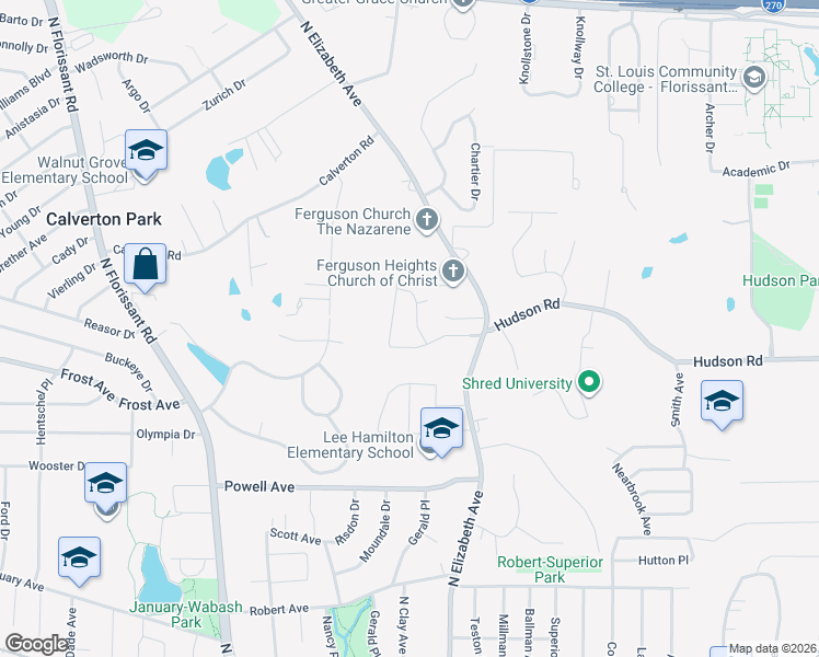 map of restaurants, bars, coffee shops, grocery stores, and more near 1217 Deer Ridge Drive in Ferguson