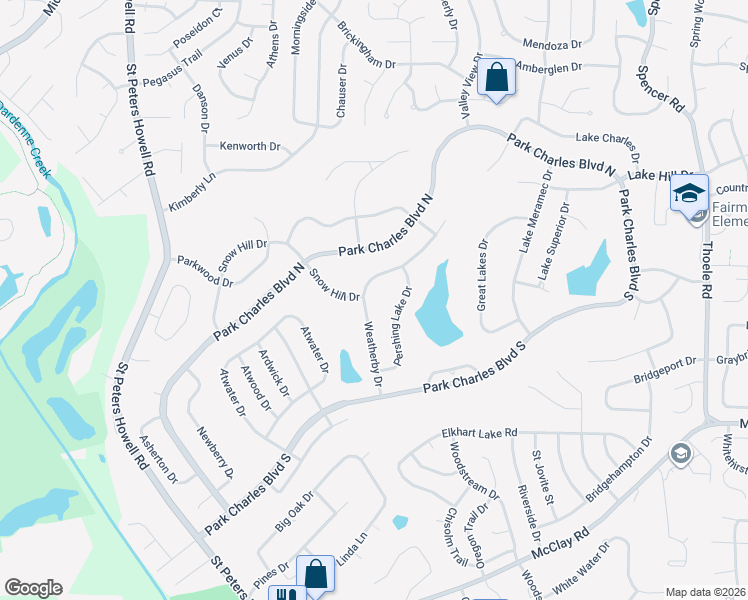 map of restaurants, bars, coffee shops, grocery stores, and more near 24 Weatherby Drive in Saint Peters