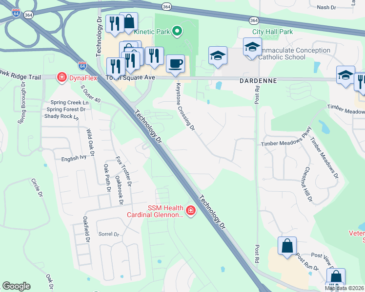 map of restaurants, bars, coffee shops, grocery stores, and more near 2570 Technology Drive in O'Fallon