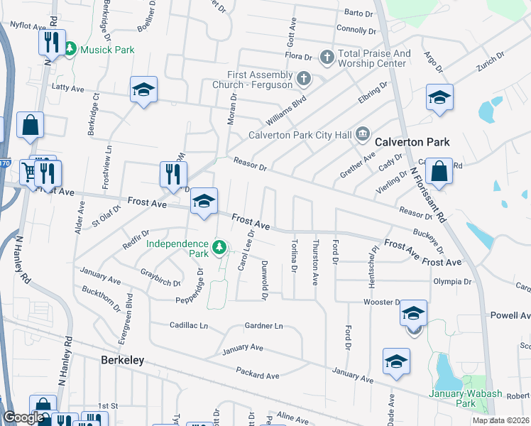 map of restaurants, bars, coffee shops, grocery stores, and more near 6810 Georgeland Avenue in St. Louis