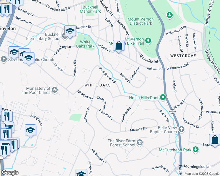 map of restaurants, bars, coffee shops, grocery stores, and more near 7209 Beechwood Road in Alexandria