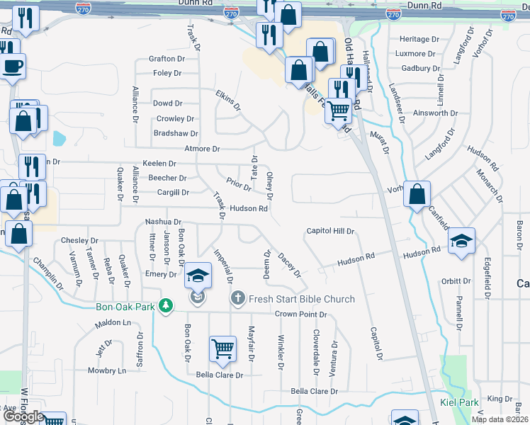 map of restaurants, bars, coffee shops, grocery stores, and more near 1934 Hudson Road in St. Louis
