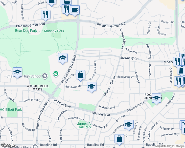 map of restaurants, bars, coffee shops, grocery stores, and more near 1043 Shenencock Way in Roseville