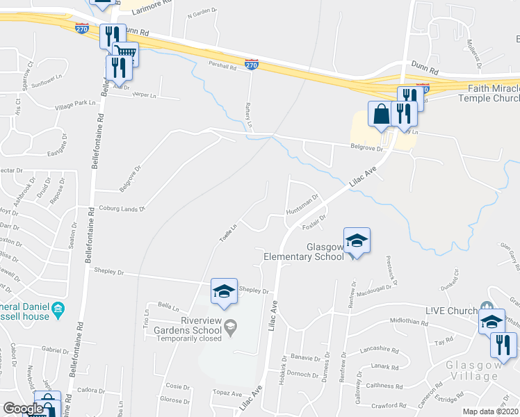 map of restaurants, bars, coffee shops, grocery stores, and more near 10500 Toelle Lane in St. Louis
