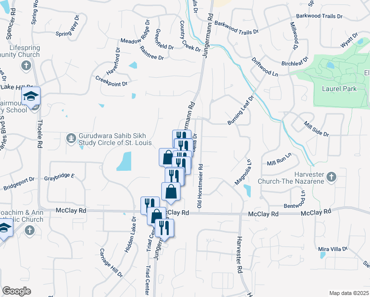 map of restaurants, bars, coffee shops, grocery stores, and more near 355 Della Drive in St. Peters