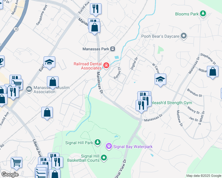 map of restaurants, bars, coffee shops, grocery stores, and more near 1000 Palisades Circle in Manassas Park