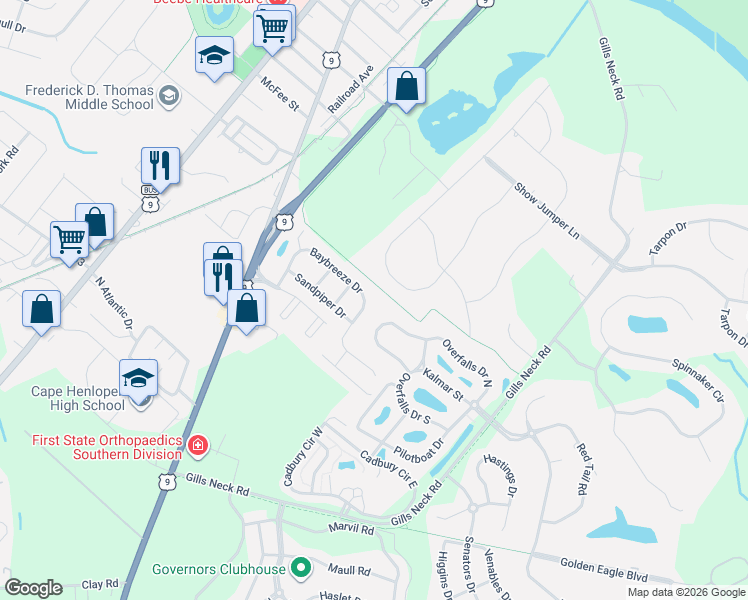 map of restaurants, bars, coffee shops, grocery stores, and more near 38 Baybreeze Drive in Lewes