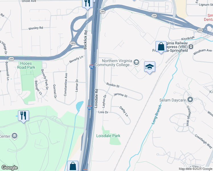 map of restaurants, bars, coffee shops, grocery stores, and more near 6903 Ruskin Street in Springfield