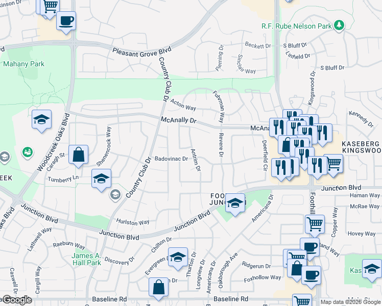 map of restaurants, bars, coffee shops, grocery stores, and more near 1317 Antrim Drive in Roseville
