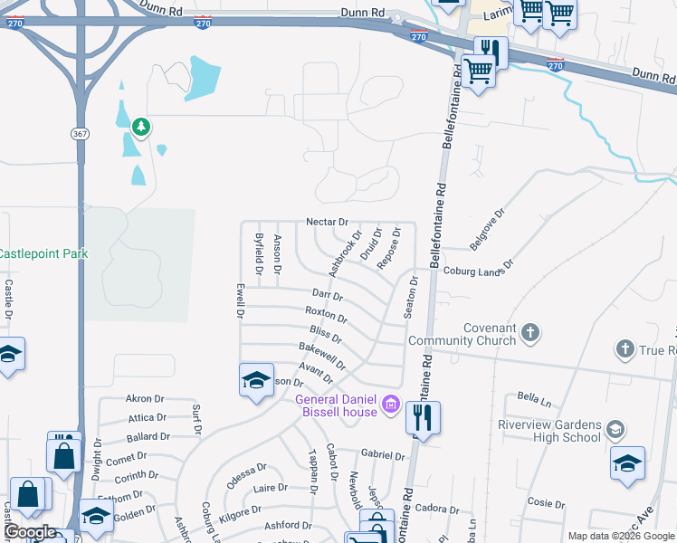 map of restaurants, bars, coffee shops, grocery stores, and more near 10440 Ashbrook Drive in St. Louis