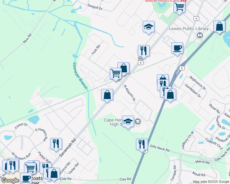 map of restaurants, bars, coffee shops, grocery stores, and more near Savannah Road in Lewes