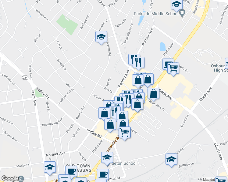 map of restaurants, bars, coffee shops, grocery stores, and more near 8918 Portner Avenue in Manassas