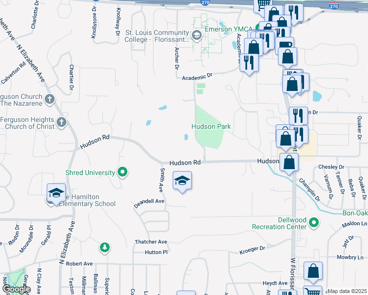 map of restaurants, bars, coffee shops, grocery stores, and more near 1131 Hudson Road in Ferguson