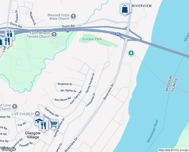 map of restaurants, bars, coffee shops, grocery stores, and more near 10824 Spring Garden Drive in St. Louis