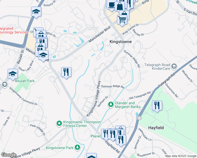 map of restaurants, bars, coffee shops, grocery stores, and more near Kingstowne Village Parkway in Franconia