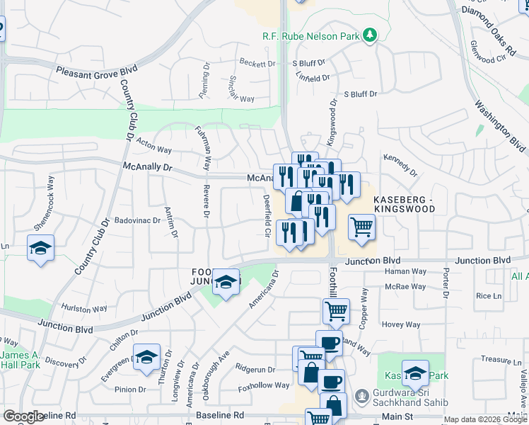 map of restaurants, bars, coffee shops, grocery stores, and more near 1437 Deerfield Circle in Roseville