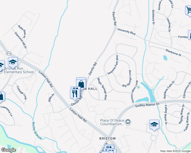 map of restaurants, bars, coffee shops, grocery stores, and more near 9016 Acadia Park Drive in Bristow