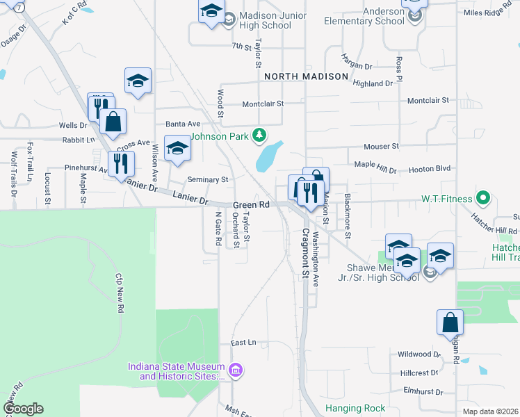 map of restaurants, bars, coffee shops, grocery stores, and more near 607 Green Road in Madison
