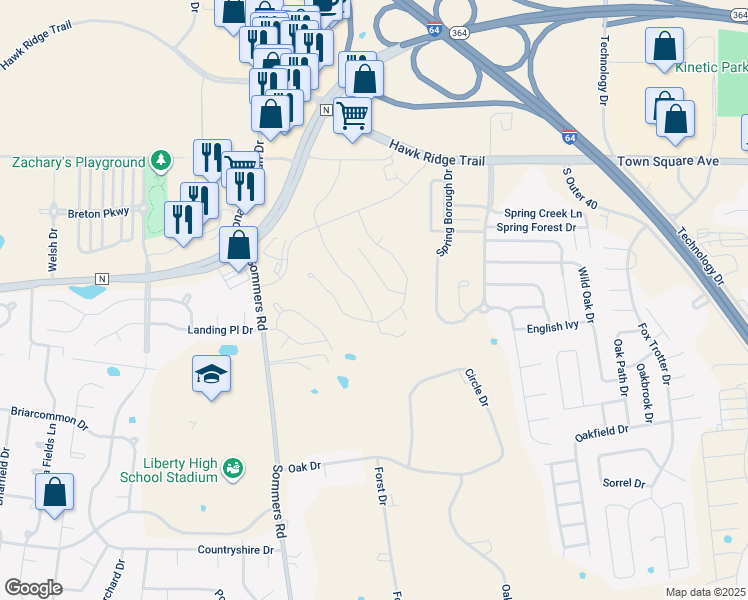 map of restaurants, bars, coffee shops, grocery stores, and more near 304 Old Forester Drive in Lake Saint Louis