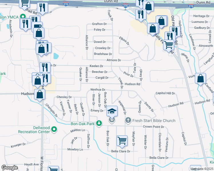 map of restaurants, bars, coffee shops, grocery stores, and more near 1756 Hudson Road in St. Louis