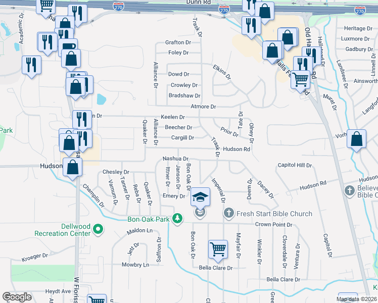 map of restaurants, bars, coffee shops, grocery stores, and more near 1756 Hudson Road in St. Louis