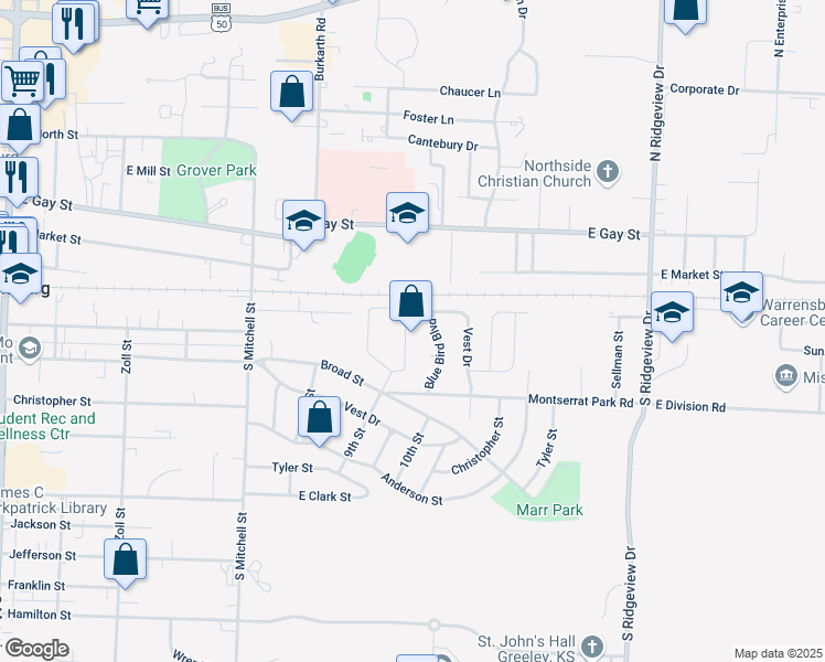 map of restaurants, bars, coffee shops, grocery stores, and more near 916 Ridge Drive in Warrensburg