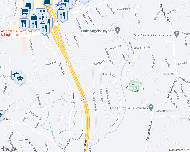 map of restaurants, bars, coffee shops, grocery stores, and more near 9300 Surratts Manor Drive in Clinton