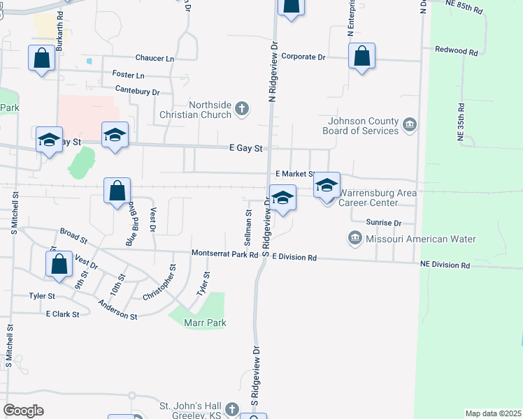 map of restaurants, bars, coffee shops, grocery stores, and more near 202 South Ridgeview Drive in Warrensburg