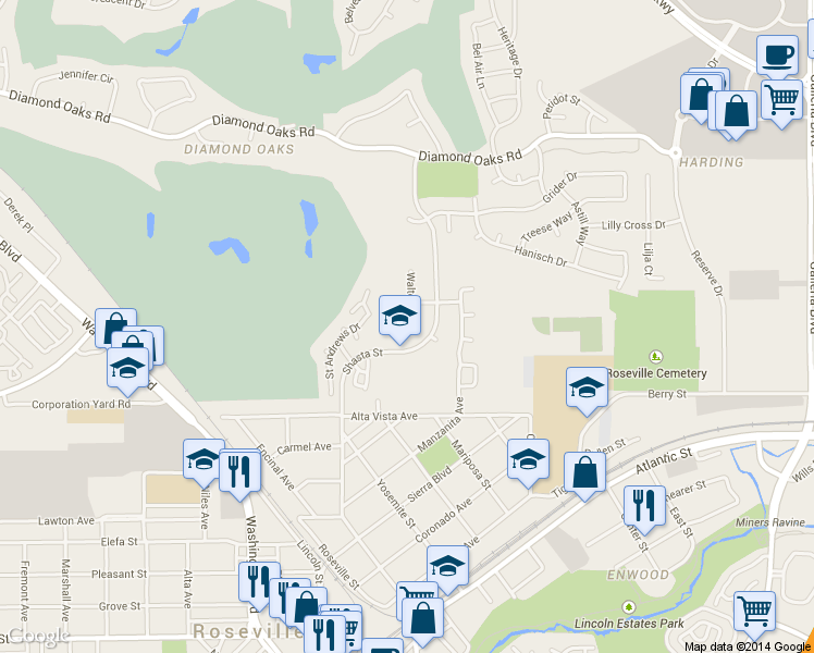 map of restaurants, bars, coffee shops, grocery stores, and more near 292 Walton Way in Roseville