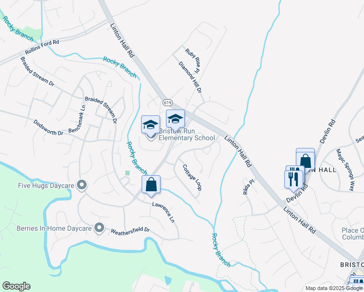 map of restaurants, bars, coffee shops, grocery stores, and more near 13205 Flynn Court in Bristow