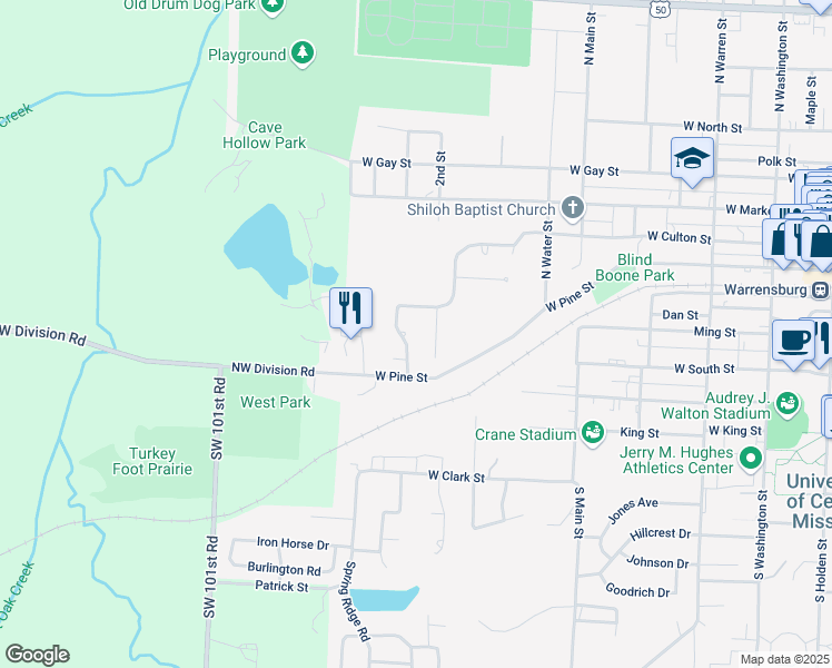 map of restaurants, bars, coffee shops, grocery stores, and more near 108 Post Oak Court in Warrensburg