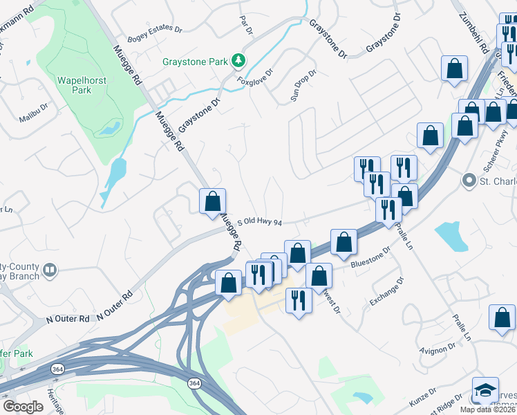 map of restaurants, bars, coffee shops, grocery stores, and more near 118 Diekamp Lane in Saint Charles