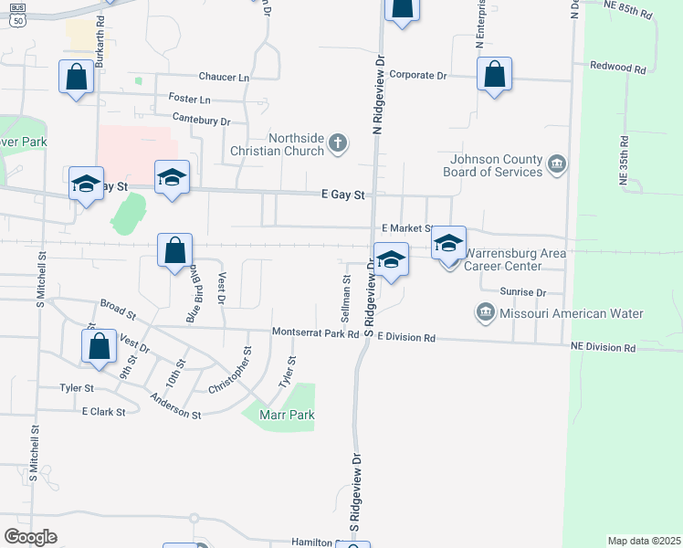 map of restaurants, bars, coffee shops, grocery stores, and more near 202 Sellman Street in Warrensburg