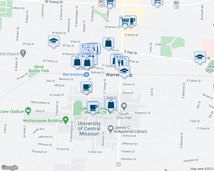 map of restaurants, bars, coffee shops, grocery stores, and more near 200 Grover Street in Warrensburg