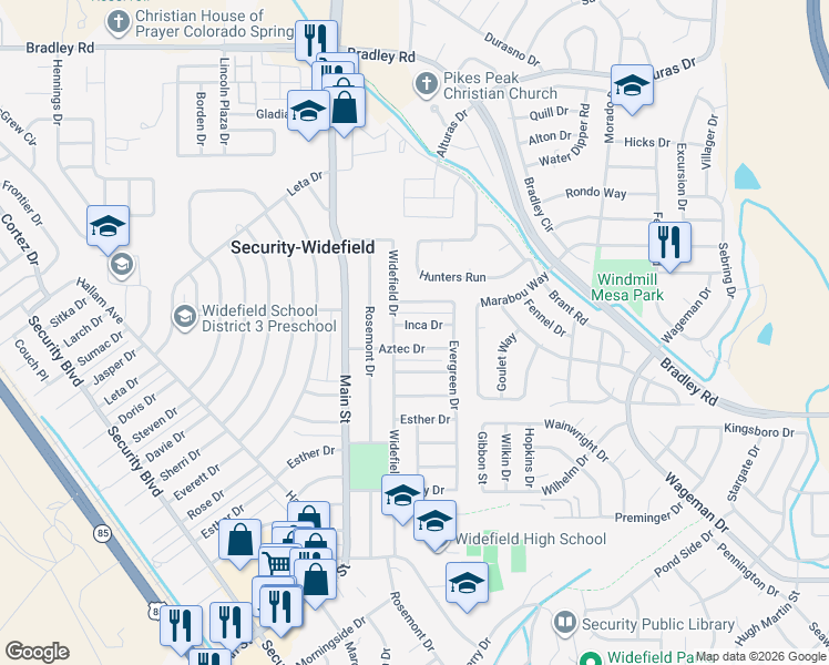 map of restaurants, bars, coffee shops, grocery stores, and more near 513 Inca Drive in Colorado Springs