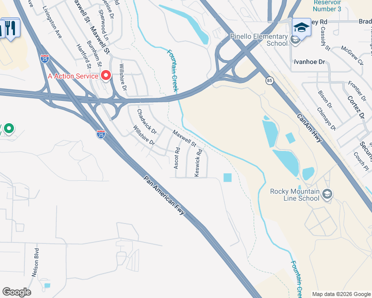 map of restaurants, bars, coffee shops, grocery stores, and more near 1712 Whitehall Road in Colorado Springs