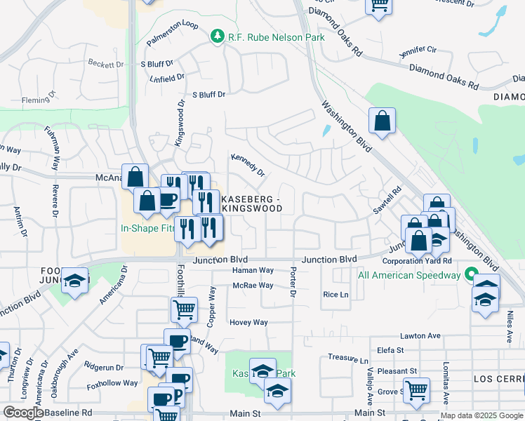 map of restaurants, bars, coffee shops, grocery stores, and more near 1401 Dorchester Drive in Roseville