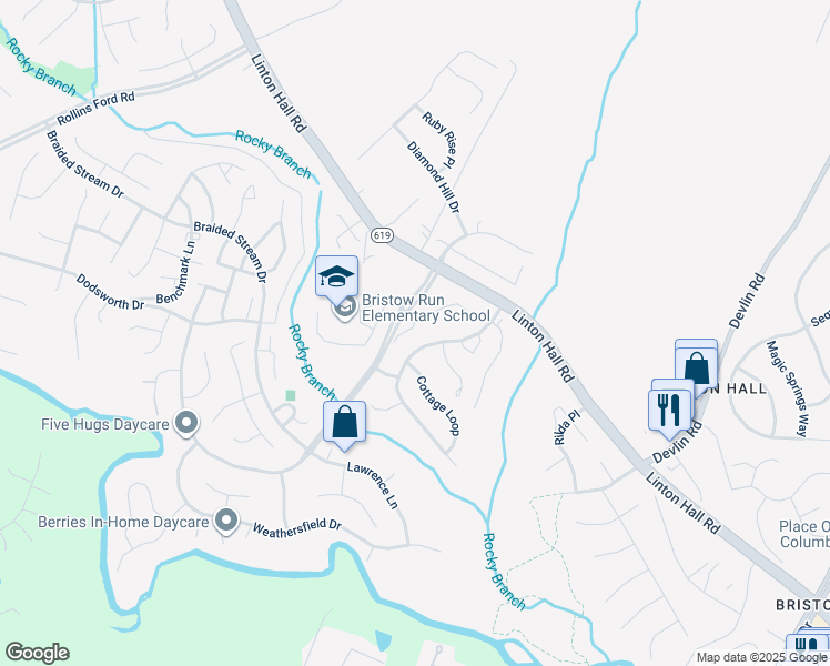 map of restaurants, bars, coffee shops, grocery stores, and more near 13205 Flynn Court in Bristow
