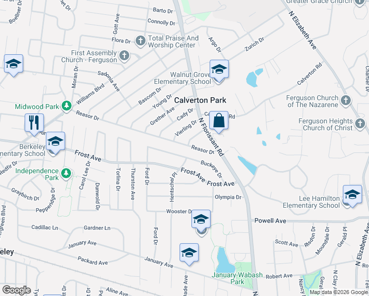 map of restaurants, bars, coffee shops, grocery stores, and more near 60 Reasor Drive in St. Louis