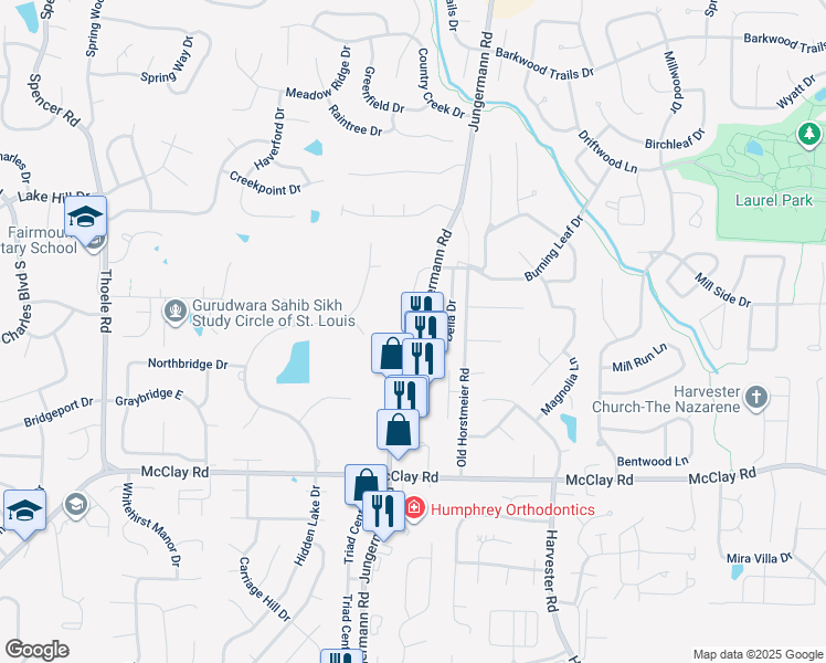 map of restaurants, bars, coffee shops, grocery stores, and more near 355 Della Drive in St. Peters