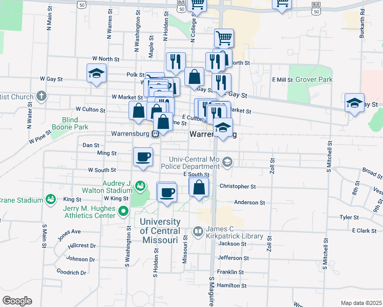 map of restaurants, bars, coffee shops, grocery stores, and more near 200 Grover Street in Warrensburg