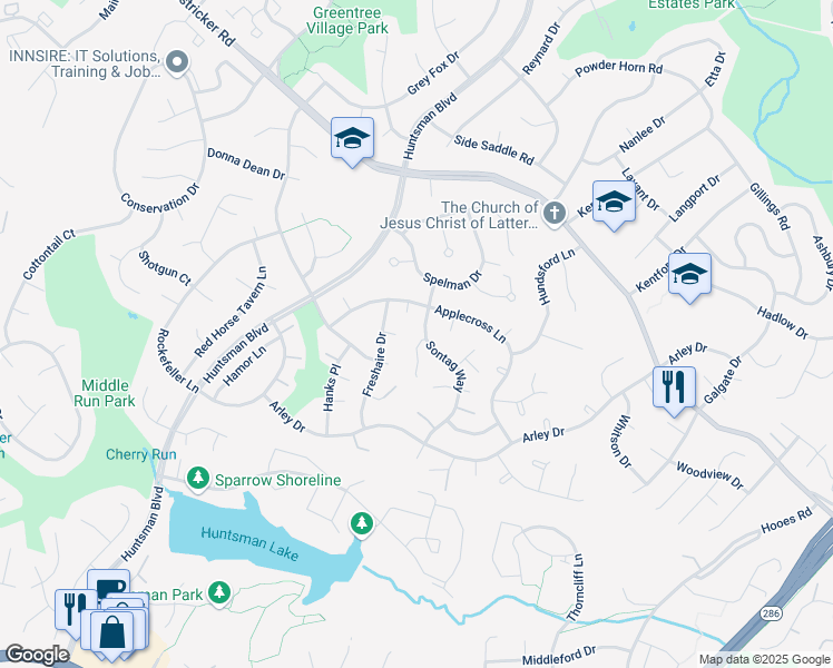 map of restaurants, bars, coffee shops, grocery stores, and more near 8900 Tailcoat Court in Springfield