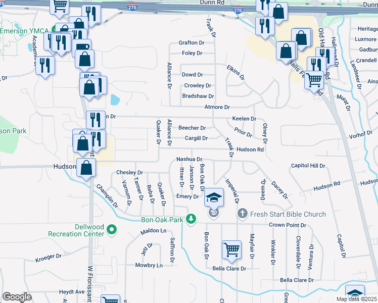 map of restaurants, bars, coffee shops, grocery stores, and more near 10407 Janson Drive in St. Louis